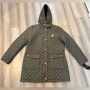 [NWT] Lauren Ralph Lauren Quilted Hooded Puffer with Leather Trim and Crest, L